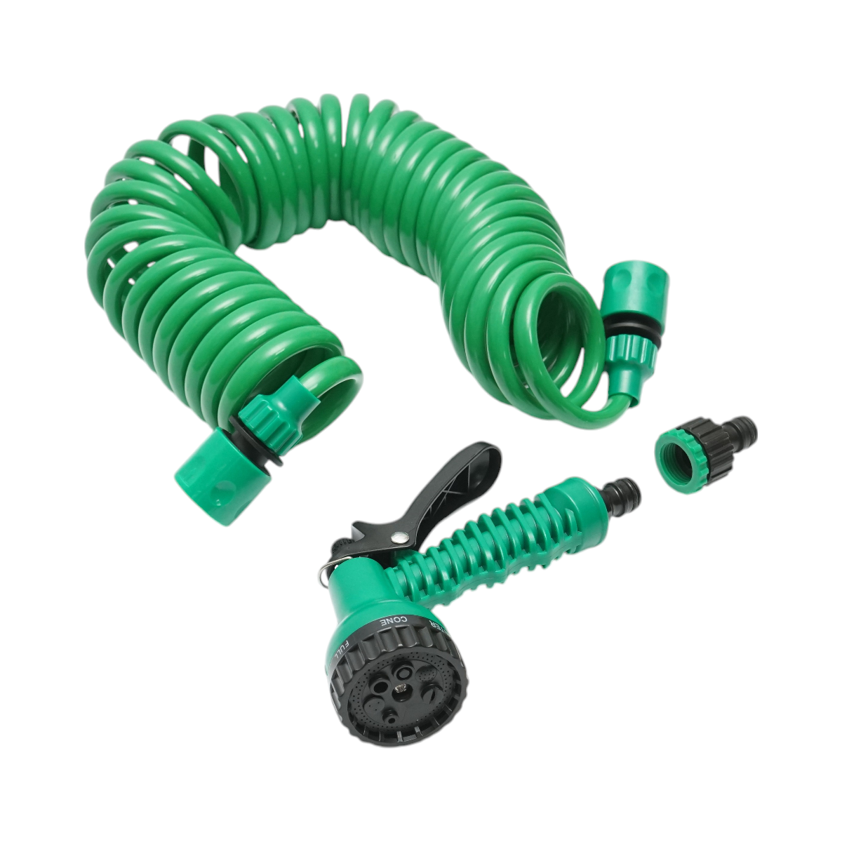 Spiral expandable garden hose 7.5m with adjustable pistol, 7 functions, 3/4 adapter, 1/2 quick coupling.